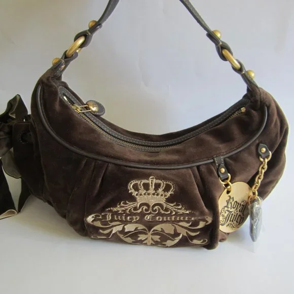 Juicy Couture Crown Brown Velvet Shoulder Hobo Bag - Picture 1 of 12